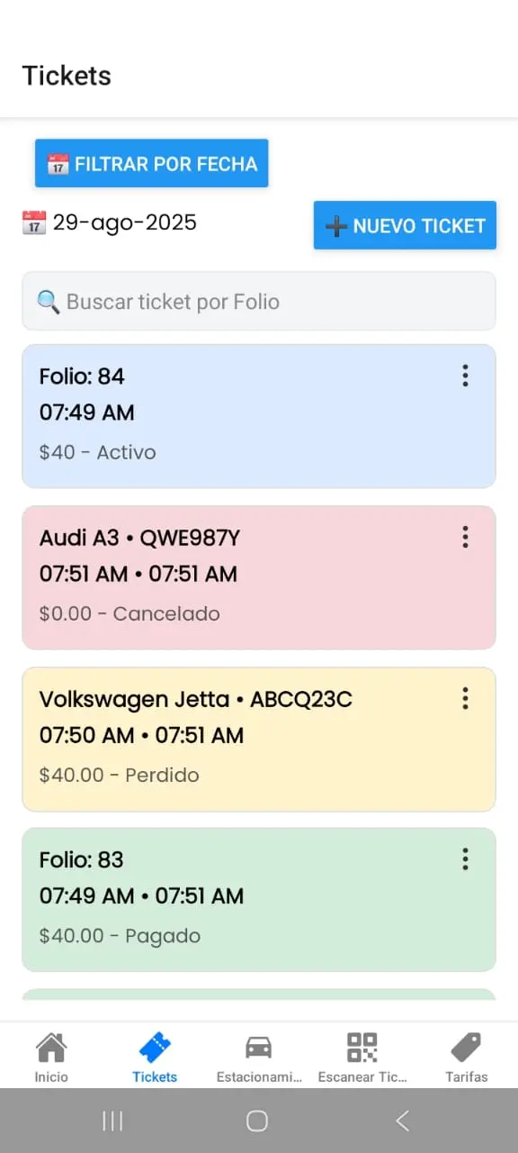Listado de tickets emitidos con búsqueda y filtros por fecha